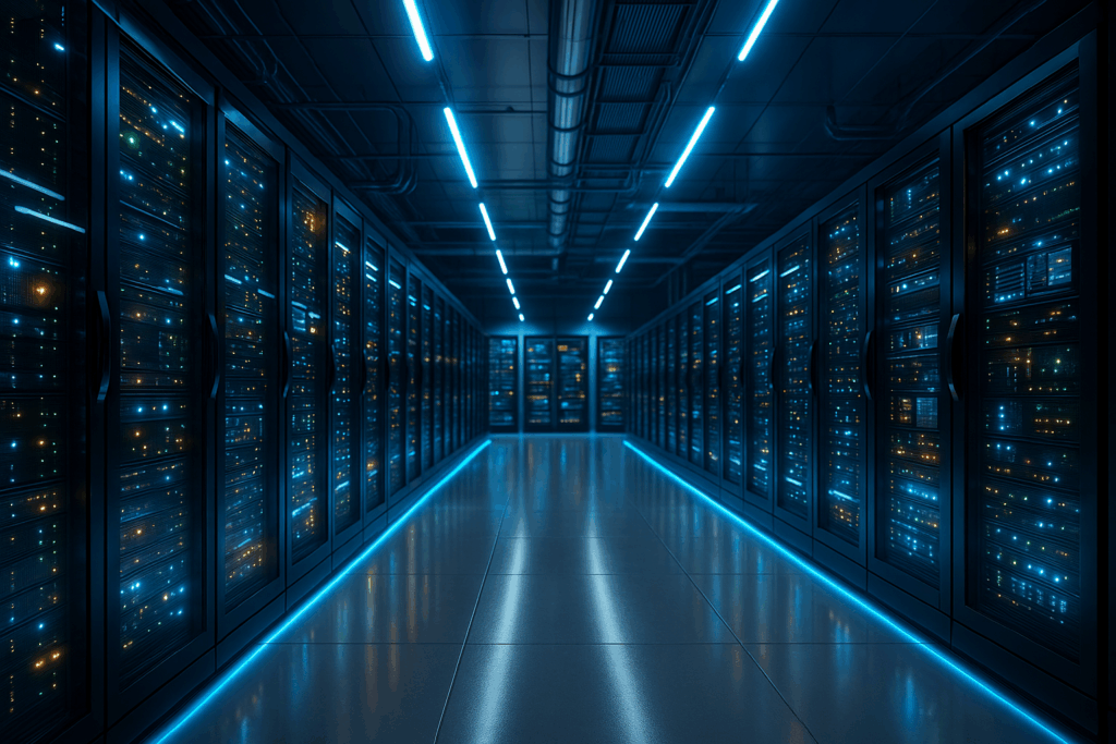 Infraestructura tecnológica moderna con servidores y energía limpia, representando el futuro sustentable de los centros de datos en México.
